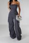 new sexy plus-size non-stretch 5-color patchwork multi-pocket suspender jumpsuit_Black_Gray