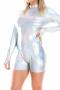 stylish plus size slight stretch laser holographic long sleeve skinny playsuit_Red_Blue_Silver