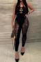 sexy high stretch rhinestone decor halter-neck lace-up hollow skinny jumpsuit_Black