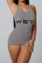 sexy slight stretch 5 colors letter printing crew neck sleeveless playsuit_Black_White_Gray