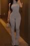 casual slight stretch solid color crew neck sleeveless jumpsuit_Gray