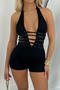 summer slight stretch mesh jacquard with lined halter neck sexy slim playsuit_Black