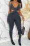 sexy slight stretch solid color deep v-neck hollow jumpsuit_Gray