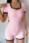 sexy slight stretch lace patchwork square-neck bow skinny playsuit_Black_Pink