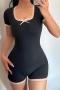 sexy slight stretch lace patchwork square-neck bow skinny playsuit_Black