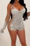sexy plus size stretch mesh see-through rhinestone padded playsuit (with gloves)_Black_Beige