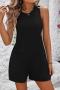 casual slight stretch solid color loose hollow sleeveless playsuit_Black
