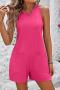 casual slight stretch solid color loose hollow sleeveless playsuit_Black_White_Magenta