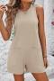casual slight stretch solid color loose hollow sleeveless playsuit_Black_White_Magenta_Aqua Green_Beige
