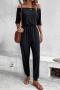 casual slight stretch solid off shoulder short sleeve drawstring jumpsuit_Black