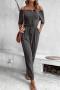casual slight stretch solid off shoulder short sleeve drawstring jumpsuit_Black_Dark Gray