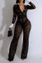 sexy plus size slight stretch lace see-through patchwork jumpsuit_Black
