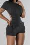 sexy plus size slight stretch solid color jacquard slim hollow backless playsuit_Black