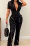 casual plus size non-stretch 3 colors solid color zip-up jumpsuit_Black