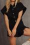 casual slight stretch denim 4 colors lapel hole decor playsuit_Black