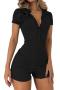 new sexy slight stretch knit patchwork lapel short-sleeved playsuits_Black