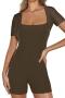 new casual slight stretch patchwork square neck short sleeves playsuits_Black_Brown