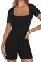 new casual slight stretch patchwork square neck short sleeves playsuits_Black