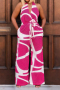 sexy plus size non-stretch contrast color halter neck backless belt jumpsuit_Magenta