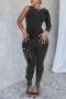 stylish high stretch textured one sleeve pocket skinny jumpsuit_Black