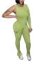 stylish high stretch textured one sleeve pocket skinny jumpsuit_Black_Light Green