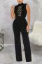 stylish plus size slight stretch solid color chain decor jumpsuit_Black