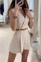 casual plus size non-stretch suit collar with belt playsuit_Black_Khaki