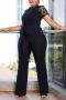 casual plus size slight stretch 4 colors cutout with belt jumpsuit_Black