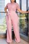 casual plus size slight stretch 4 colors cutout with belt jumpsuit_Black_White_Pink