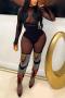 sexy plus size stretch see through mesh hollow rhinestone skinny jumpsuit_Black