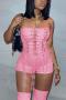 sexy solid color stretch tube top hollow eyelet lace-up playsuit (new add color)_Black_White_Pink