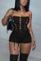 sexy solid color stretch tube top hollow eyelet lace-up playsuit (new add color)_Black