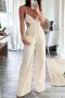 sexy plus size non-stretch solid color v-neck hollow jumpsuit_Sky Blue_Beige