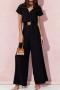 casual plus size slight stretch 4 colors v-neck solid color jumpsuit_Black