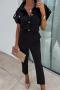 casual non-stretch 4 colors lapel solid color jumpsuit_Black