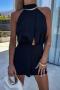 sexy non-stretch hollow sleeveless solid color playsuit_Black