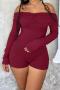 sexy slight stretch solid color tight one shoulder pleated long sleeve playsuit_Black_Rose Red