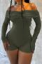 sexy slight stretch solid color tight one shoulder pleated long sleeve playsuit_Black_Rose Red_Dark Green