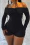 sexy slight stretch solid color tight one shoulder pleated long sleeve playsuit_Black
