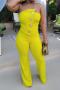 stylish plus size slight stretch tube design button decor wide-leg jumpsuit_White_Yellow