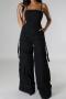 new plus-size non-stretch patchwork multiple pockets 4-color suspender jumpsuits_Black
