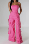 new plus-size non-stretch patchwork multiple pockets 4-color suspender jumpsuits_Black_White_Dark Gray_Pink