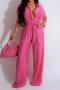 casual plus size non-stretch solid color wide-leg jumpsuit (with belt)_Black_Magenta