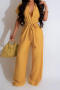 casual plus size non-stretch solid color wide-leg jumpsuit (with belt)_Black_Magenta_Yellow