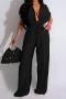 casual plus size non-stretch solid color wide-leg jumpsuit (with belt)_Black