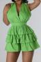 plus size non-stretch stylish pure color zip-up halter neck ruffle sexy playsuit_Orange_Green