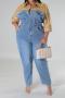 casual plus size slight stretch denim spliced 3 colors single-breasted jumpsuit_Black_Sky Blue