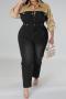 casual plus size slight stretch denim spliced 3 colors single-breasted jumpsuit_Black