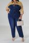 casual plus size slight stretch denim spliced 3 colors single-breasted jumpsuit_Black_Sky Blue_Dark Blue