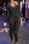 new slight stretch patchwork lace knit see through bow solid color jumpsuit_Black